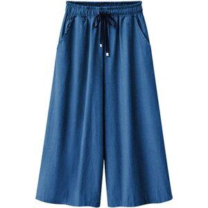 Women Elastic Waist Wide Leg Cropped Denim Pants Casual Flare Capris